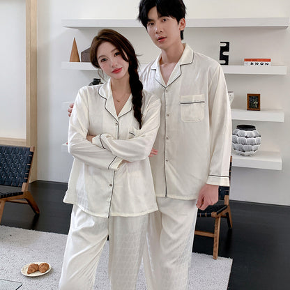 Matching Couple Pajamas – Geometric Jacquard Faux Silk Set for Couples