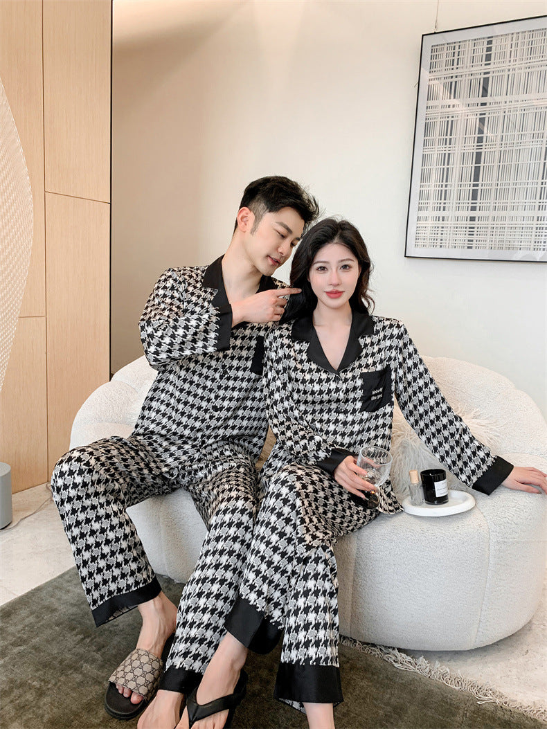 Houndstooth Faux Silk Couple Pajamas – Retro Luxury