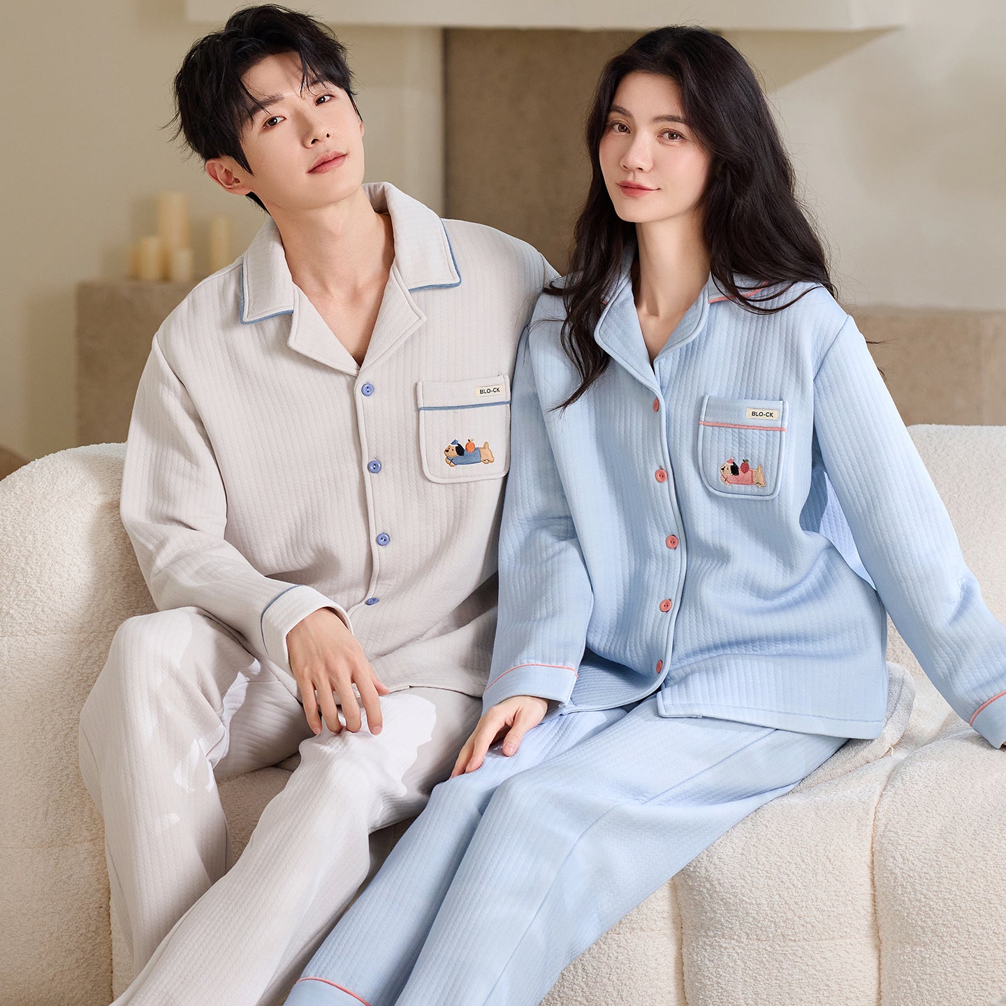 Matching Couple Pajamas Set – Air Cotton with Contrast Piping