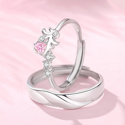 Engraved Pink Zirconia Rings Set for Couples