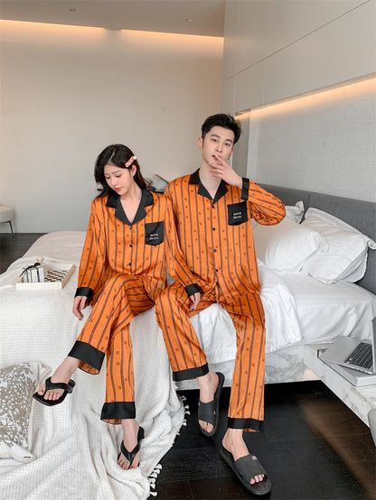 Urban Luxury Faux Silk Couple Pajamas – Orange Edition
