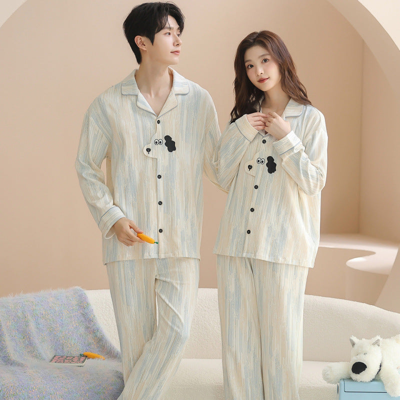 Matching Couple Pajamas Set – Minimalist Stripes with Dog Embroidery, 100% Cotton