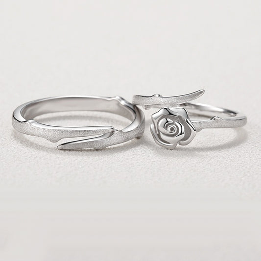 Engraved Thorns and Rose Promise Rings for Couples