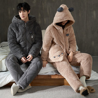 Gullei Bear-Ear Coral Fleece Couple Pajamas – Cozy & Playful Winter Set