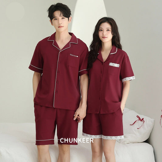 Elegant Lace Trim Cotton Couple Pajamas