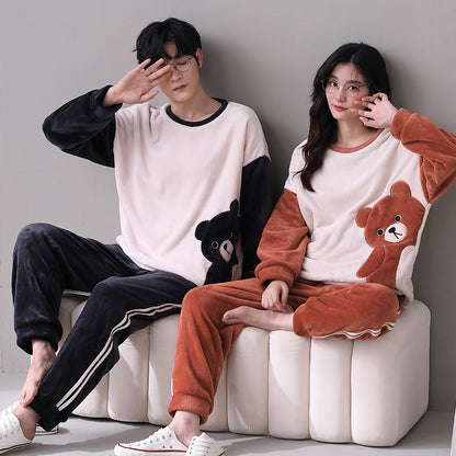 Cute Matching Bear Couple Flannel Pajamas Set