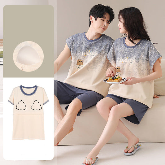 Cute Dachshund Korean Couple Pajamas - Cotton Summer Set w/ Bra