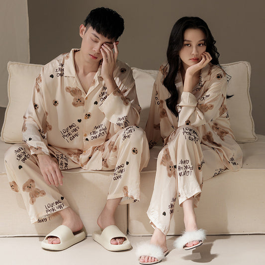 4-Piece Long Sleeve Bear Couples Sleepwear Set 100% Cotton