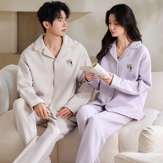 Matching Couple Pajamas Set – Air Cotton with Pastel Contrast Piping