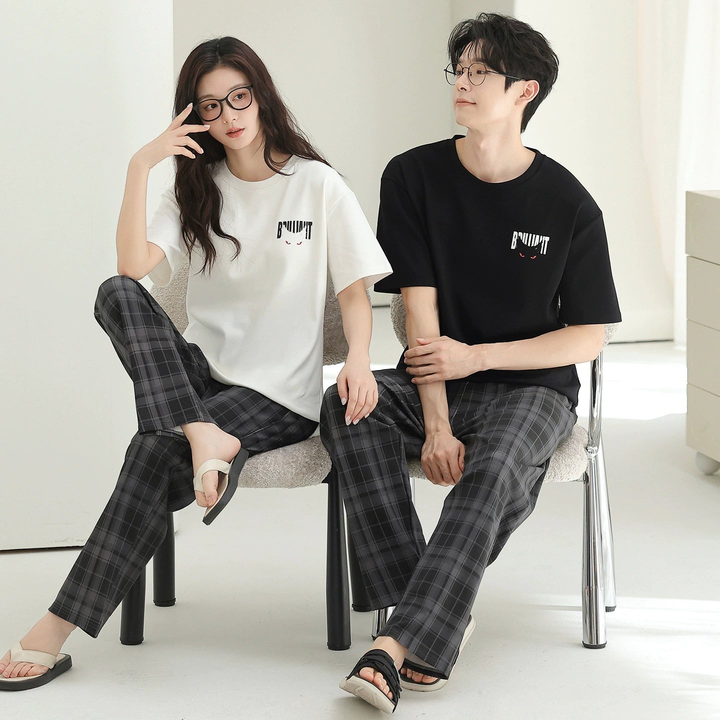 Youthful Plaid & Graphic Cotton Couple Lounge Set