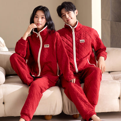Festive Quilted Couple Pajamas – Red Air Cotton Zip-Up Set by Gullei