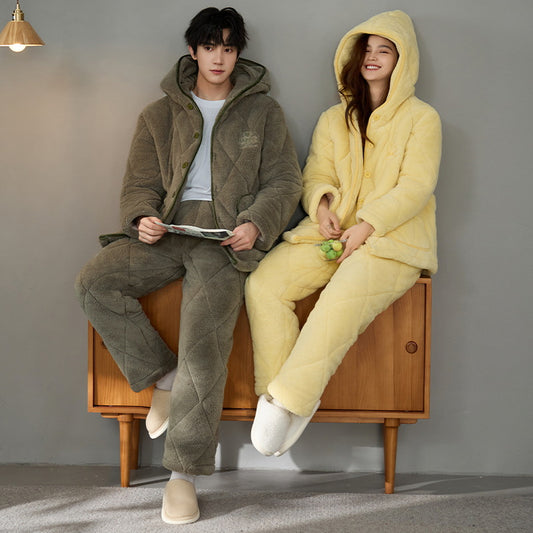 Quilted Coral Fleece Couple Pajamas – Cozy Winter Set