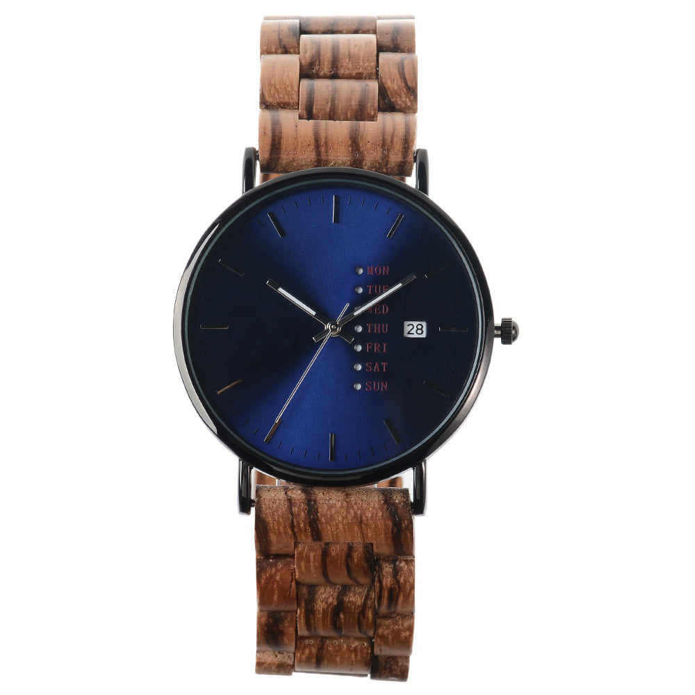 Mens Wood Quartz Watch Luminous Hands and Calendar