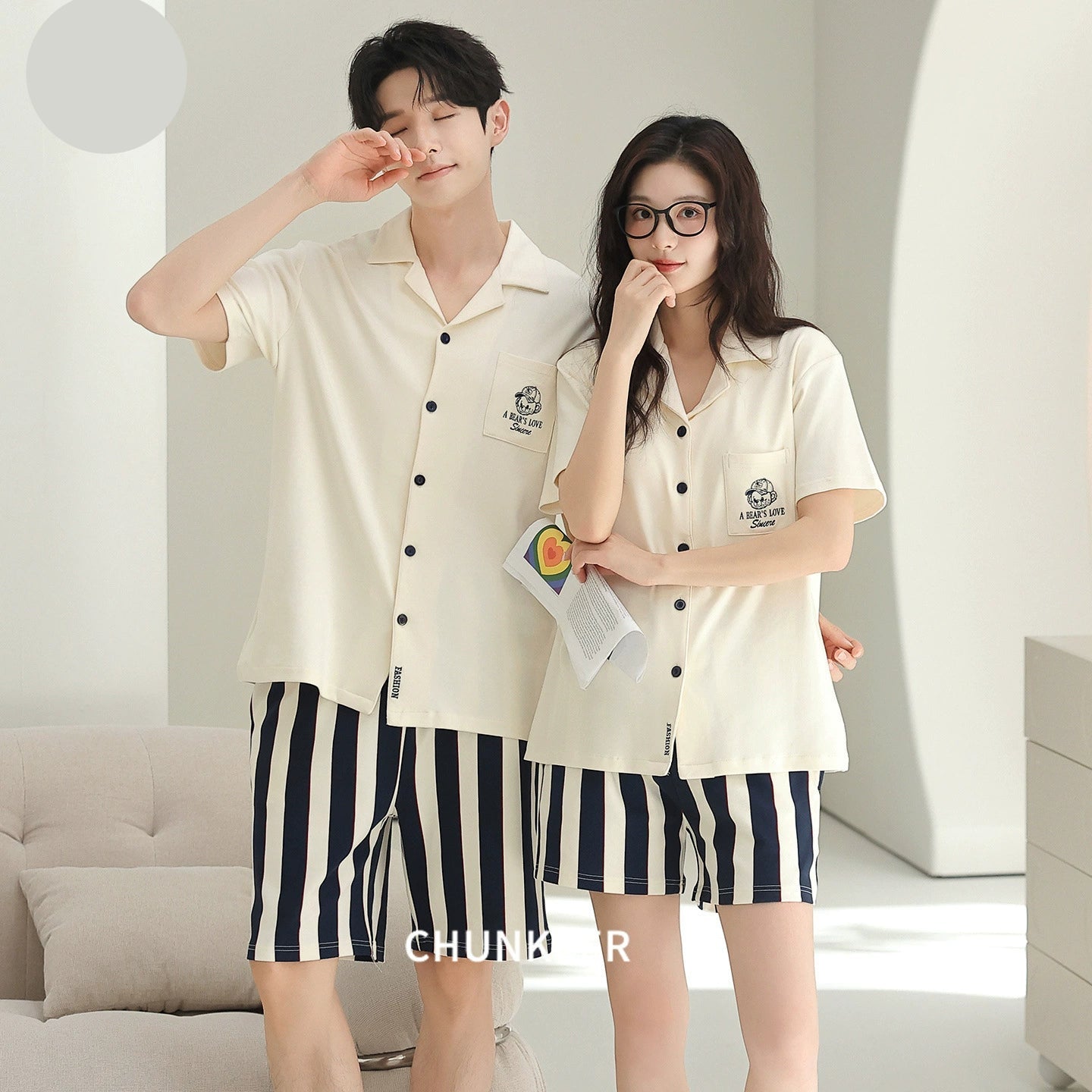 Resort Style Striped Cotton Couple Pajamas
