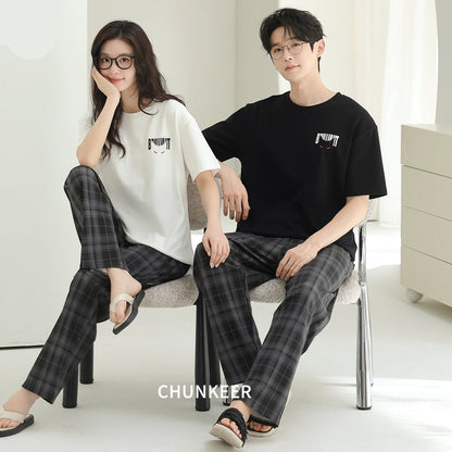 Youthful Plaid & Graphic Cotton Couple Lounge Set