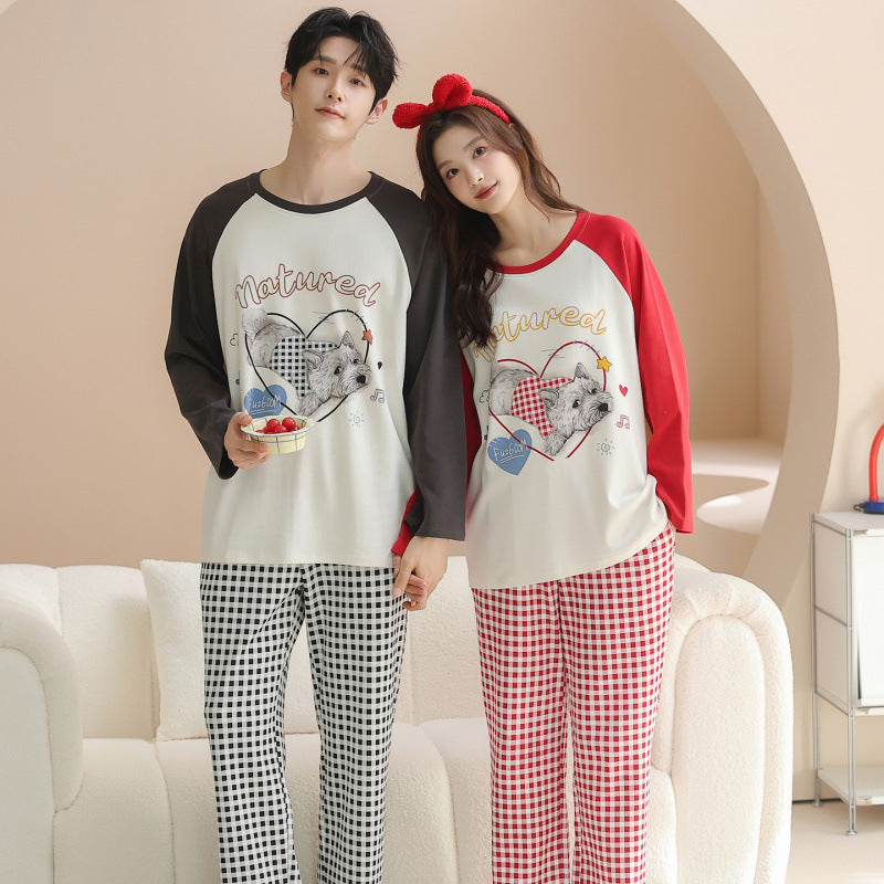 Matching Couple Pajamas Set – Puppy Print & Heart Motif, Soft Cotton & Stretch