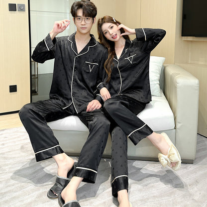 Matching Couple Pajamas – Embossed Heart Pattern Faux Silk Set for Couples