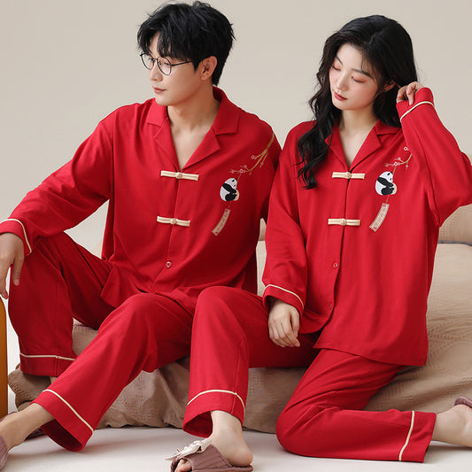 Red Chinese Couples 4-Piece Pajamas Set 100% Cotton