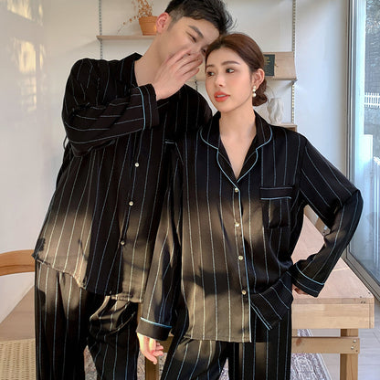 Urban Minimalist Faux Silk Couple Pajamas – Pinstripe Chic Sleepwear Set by Gullei