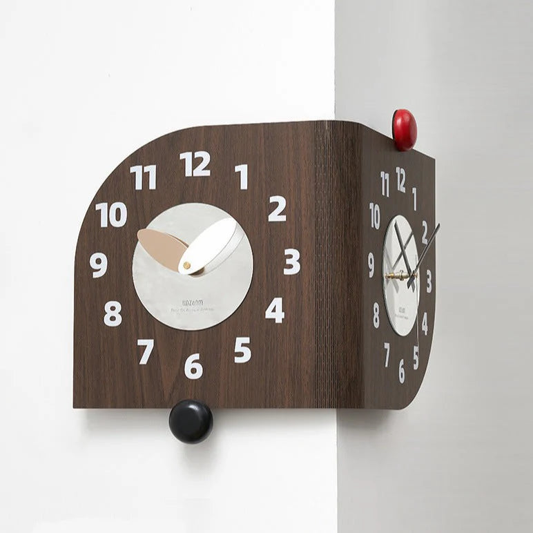 Corner Double-Sided Silent Wall Clock – Rich Brown (Dual Time)