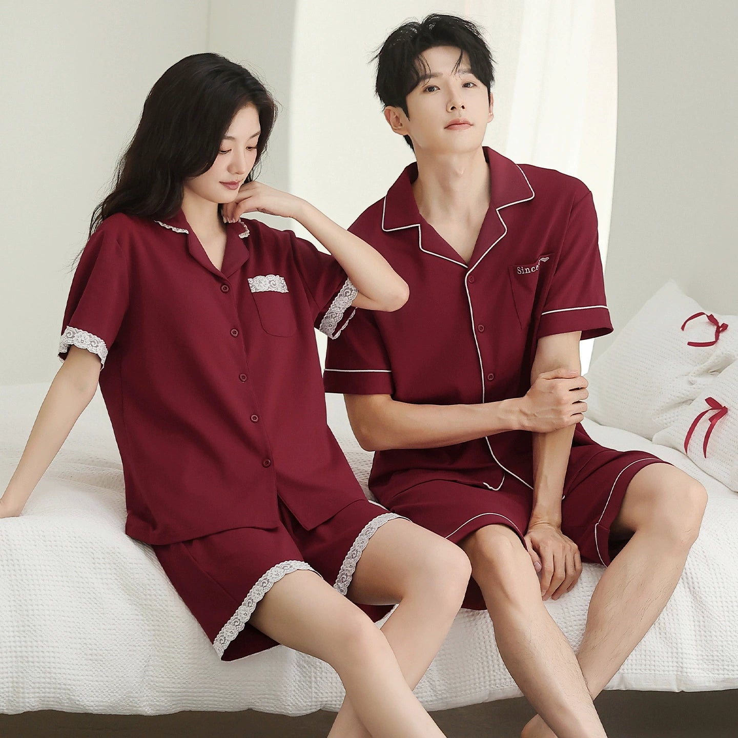 Elegant Lace Trim Cotton Couple Pajamas