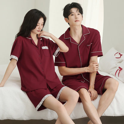 Elegant Lace Trim Cotton Couple Pajamas