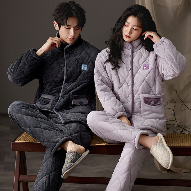 3-Layer Quilted Couple Pajama Set – Coral Fleece & Cotton Padded Warmth
