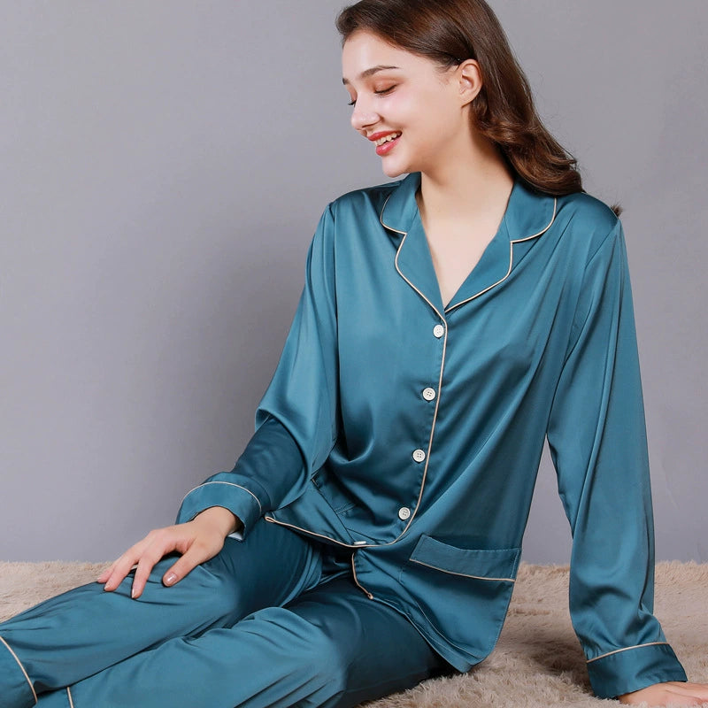 Elegant Solid Satin Long-Sleeve Couple Pajamas