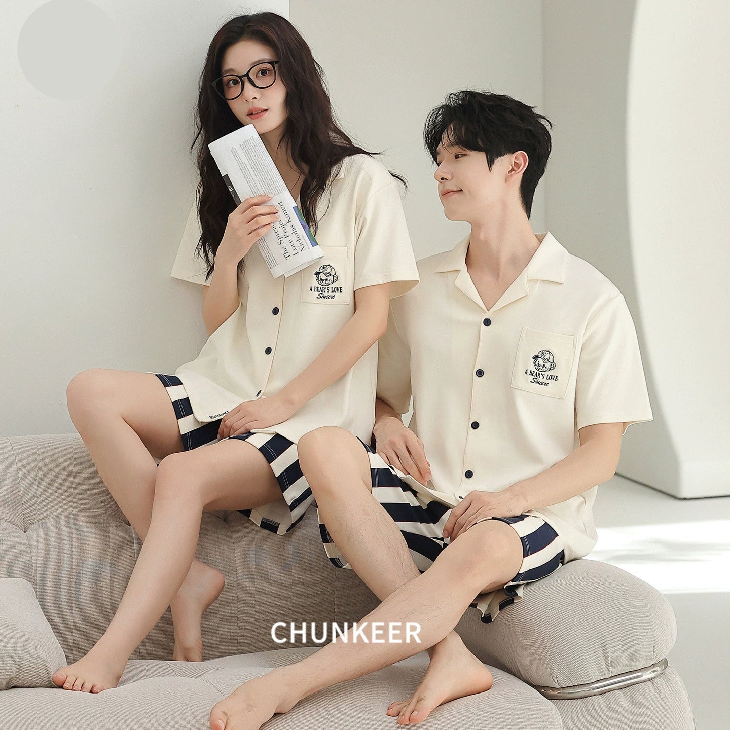 Resort Style Striped Cotton Couple Pajamas