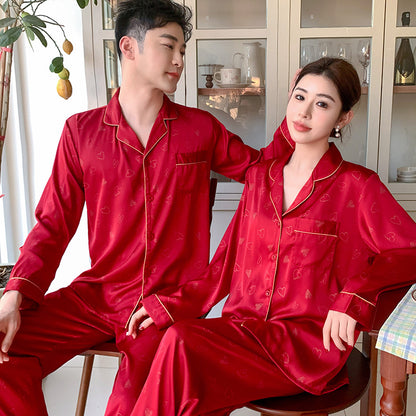 Romantic Faux Silk Couple Pajamas – Heart Print Luxury Sleepwear Set by Gullei