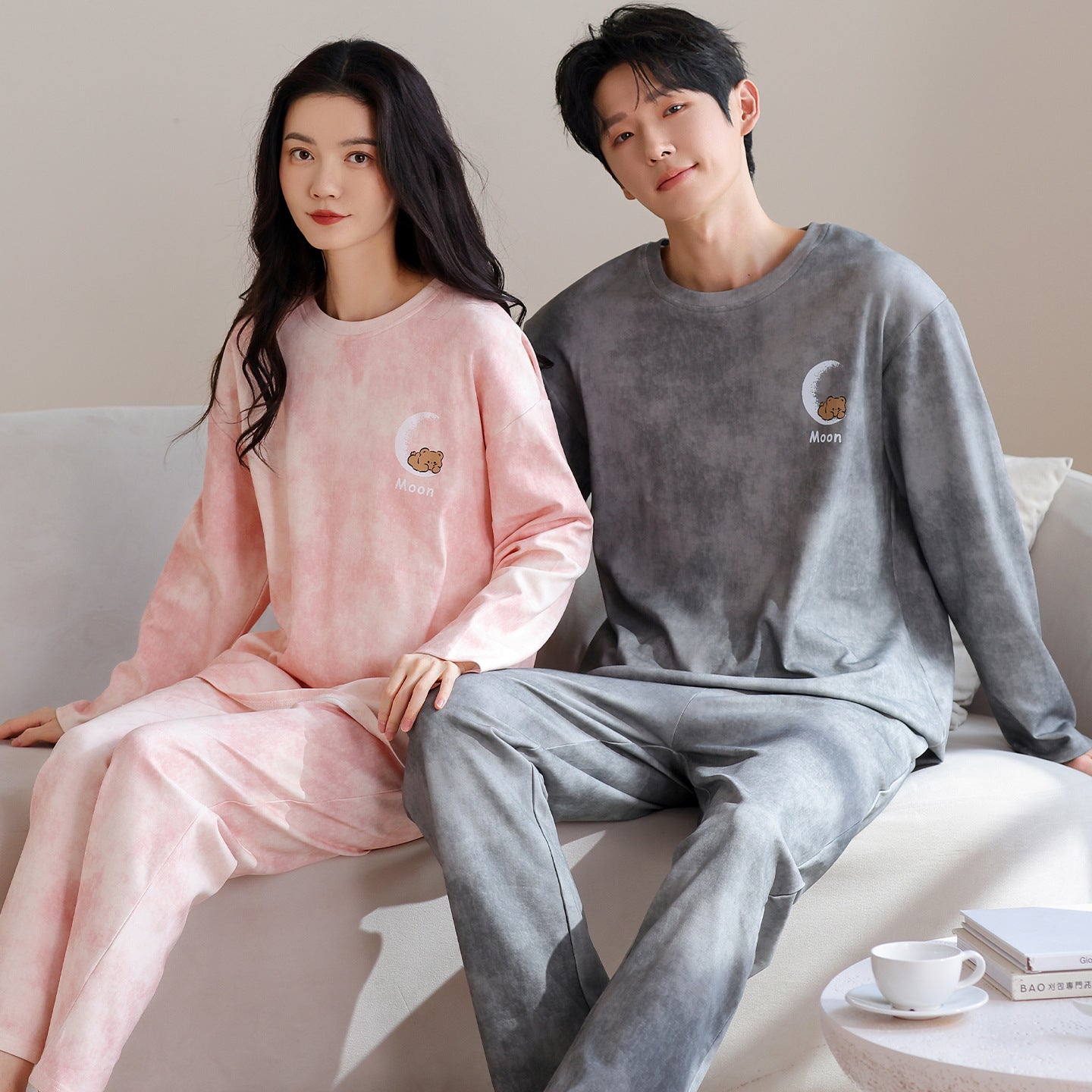 Soft Dreamy Couple Pajamas – Cotton Moon & Bear Print Lounge Set by Gullei