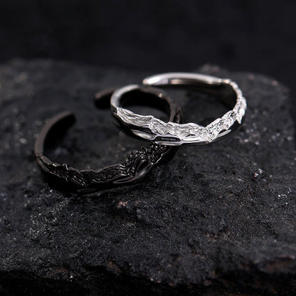 Engraved Black and Silver Adjustable Rings Set for Couples