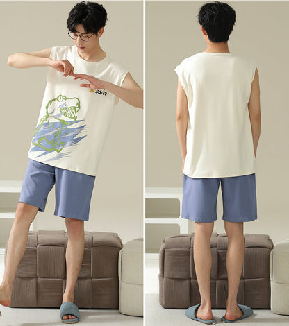 Playful Dinosaur Couple Pajamas – Cotton Sleeveless Top & Shorts Set by Gullei