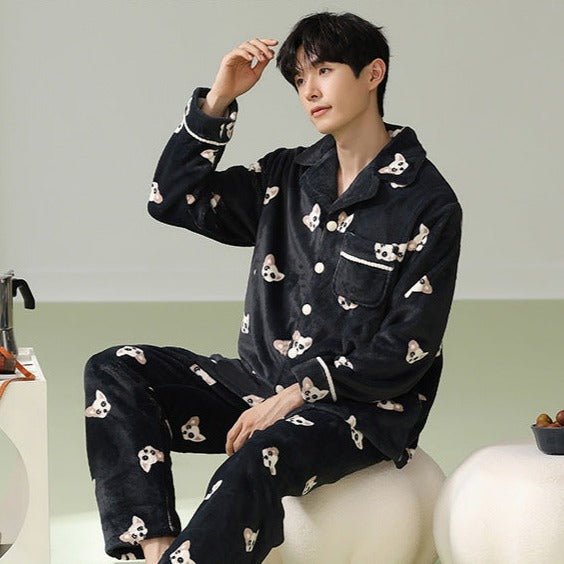 Couple Matching Nightwear Pajamas Set Dog Design Flannel