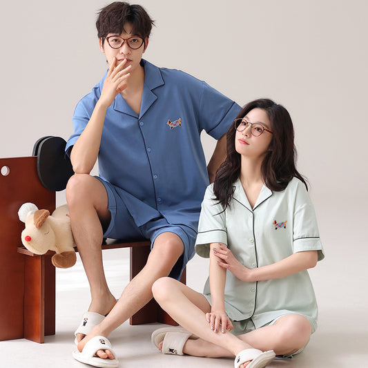 Minimalist Puppy Couple Pajamas - Cotton Short Sleeve Cardigan