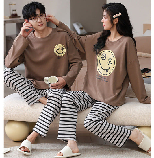 Playful Smiley Graphic Striped Couple Pajamas
