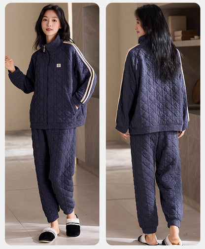 Sporty Quilted Couple Pajamas – Air Cotton Zip-Up Loungewear by Gullei