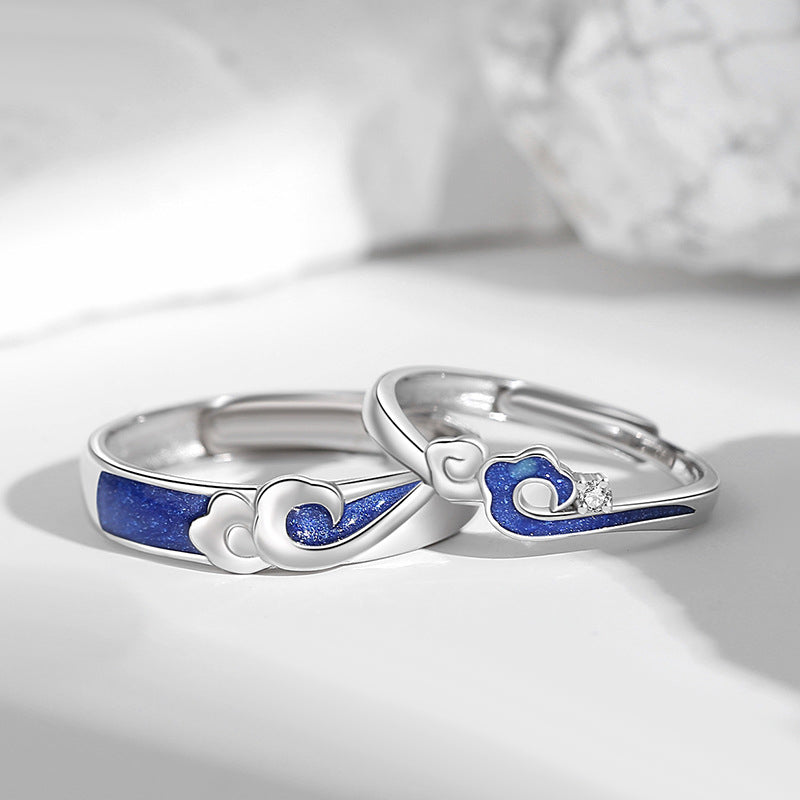 Engraved Ocean Waves Promise Rings for Couples