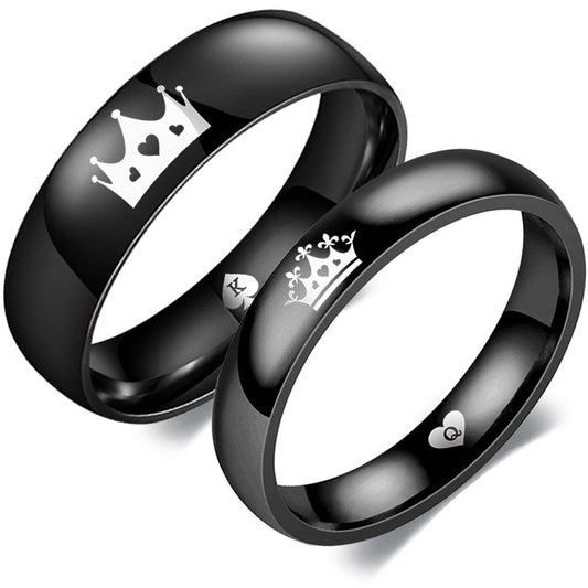 Engraved King Queen Crown Rings Set