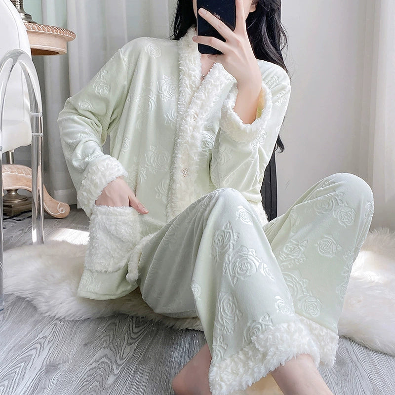 Women Pajamas Set – Luxury Embossed Rose Fleece Lounge Set