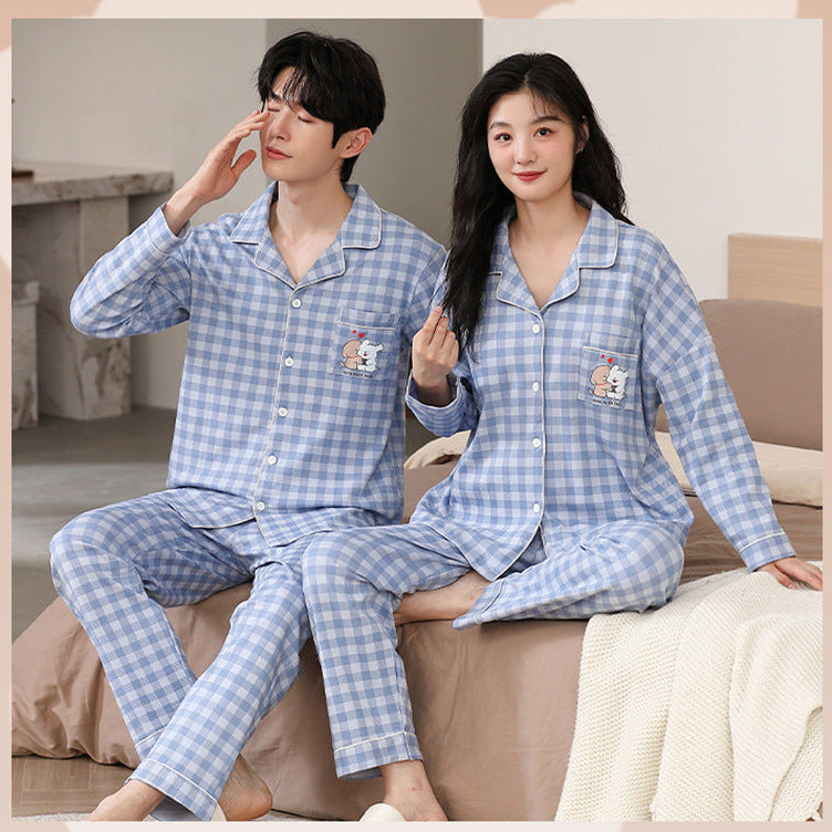 Blue Gingham Soft Viscose Couple Pajamas