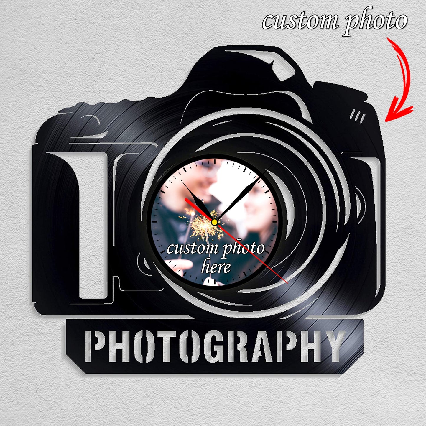 Personalized Photographer LP Record Wall Clock – Custom Photo & Name, Silent Quartz