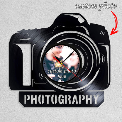 Personalized Photographer LP Record Wall Clock – Custom Photo & Name, Silent Quartz