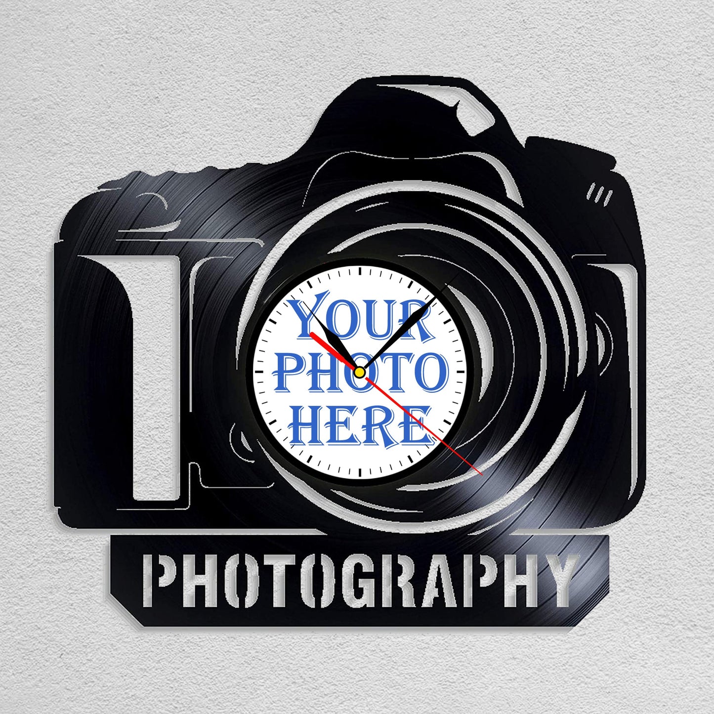 Personalized Photographer LP Record Wall Clock – Custom Photo & Name, Silent Quartz