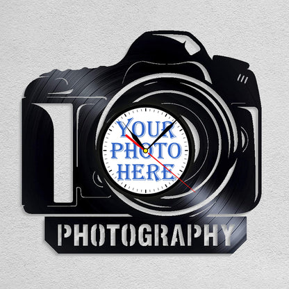Personalized Photographer LP Record Wall Clock – Custom Photo & Name, Silent Quartz