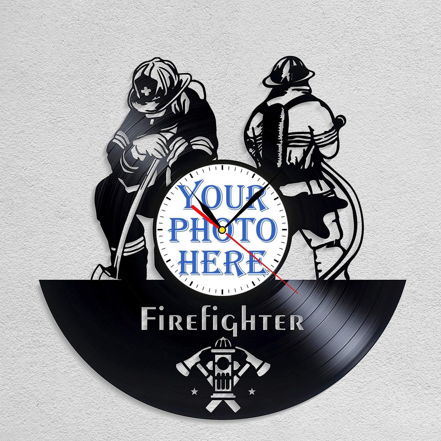 Personalized Firefighter LP Record Wall Clock – Custom Photo & Name, Silent Quartz