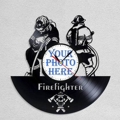 Personalized Firefighter LP Record Wall Clock – Custom Photo & Name, Silent Quartz