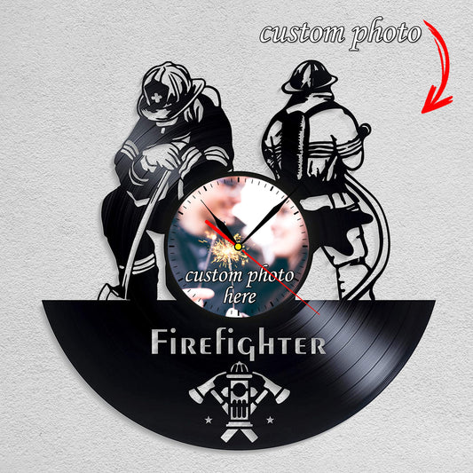 Personalized Firefighter LP Record Wall Clock – Custom Photo & Name, Silent Quartz