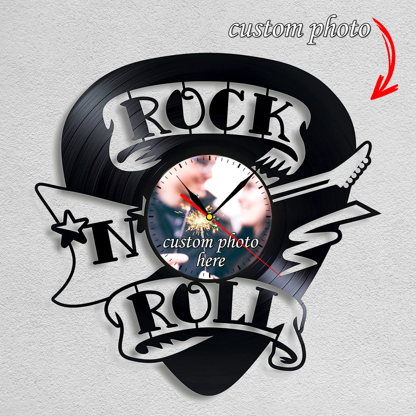 Personalized "Rock and Roll" LP Record Wall Clock – Custom Photo & Name, Silent Quartz