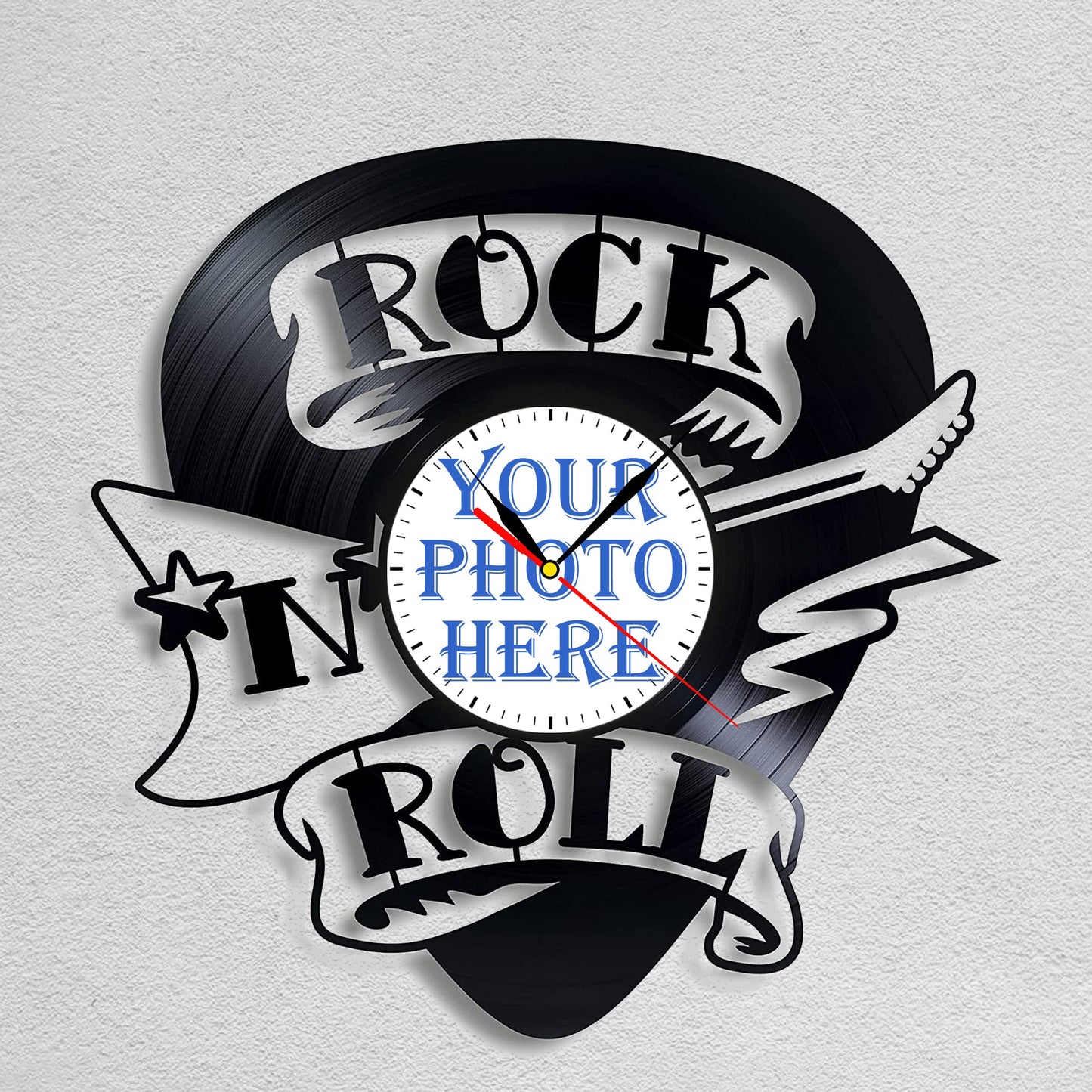Personalized "Rock and Roll" LP Record Wall Clock – Custom Photo & Name, Silent Quartz